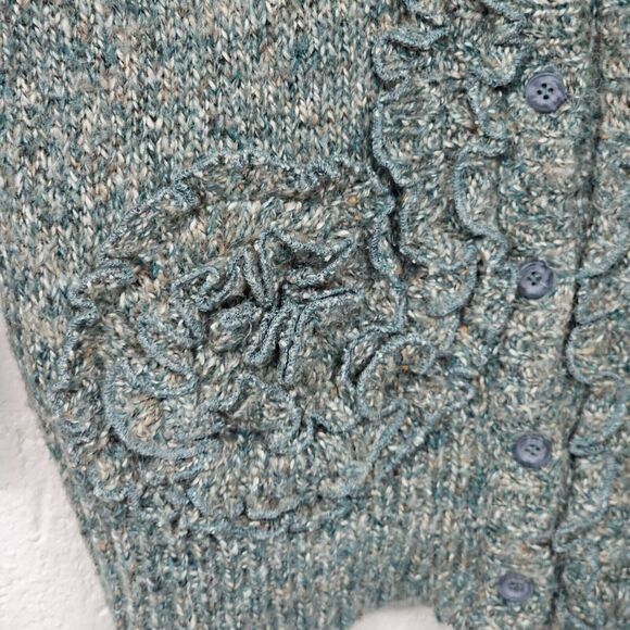 Fever Woman's Button Front Size Medium Cardigan Ruffles 3D Flower Green Feminine - Picture 2 of 8